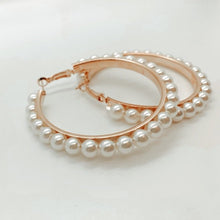 Load image into Gallery viewer, pearl hoop earrings. white earrings gold accept. big hoops.
