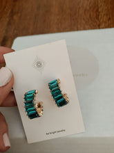 Load image into Gallery viewer, gold plated hoop earrings. micro inlaid gem earrings. blue, green. trendy modern earrings.
