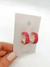 Load image into Gallery viewer, gold plated hoop earrings. micro inlaid gem earrings. hot pink. trendy modern earrings.
