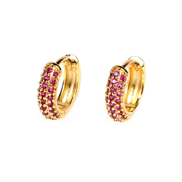 hot pink diamond studded gold hoop huggies